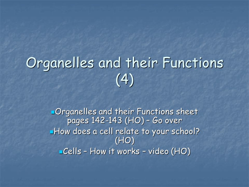 Organelles and their Functions (4) Organelles and their Functions sheet pages (HO) – Go over Organelles and their Functions sheet pages (HO) – Go over How does a cell relate to your school.