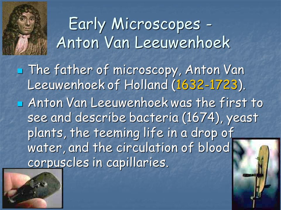Early Microscopes - Anton Van Leeuwenhoek The father of microscopy, Anton Van Leeuwenhoek of Holland ( ).