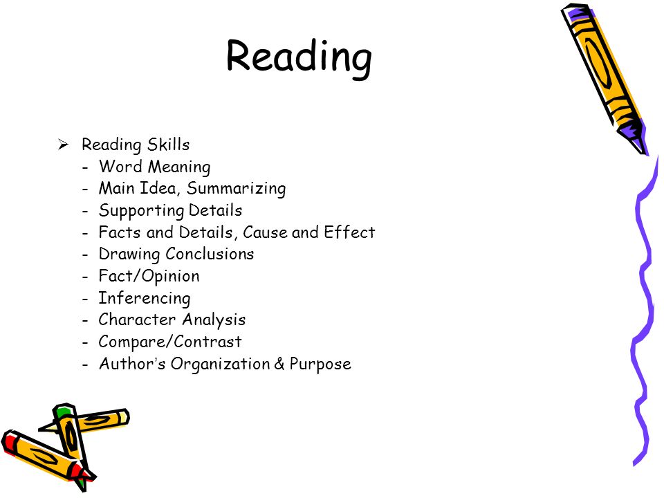 Reading  Reading Skills - Word Meaning - Main Idea, Summarizing - Supporting Details - Facts and Details, Cause and Effect - Drawing Conclusions - Fact/Opinion - Inferencing - Character Analysis - Compare/Contrast - Author ’ s Organization & Purpose