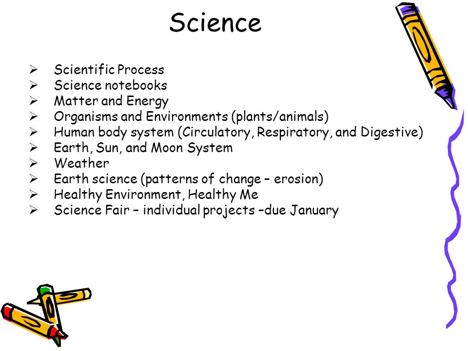 Science  Scientific Process  Science notebooks  Matter and Energy  Organisms and Environments (plants/animals)  Human body system (Circulatory, Respiratory, and Digestive)  Earth, Sun, and Moon System  Weather  Earth science (patterns of change – erosion)  Healthy Environment, Healthy Me  Science Fair – individual projects –due January