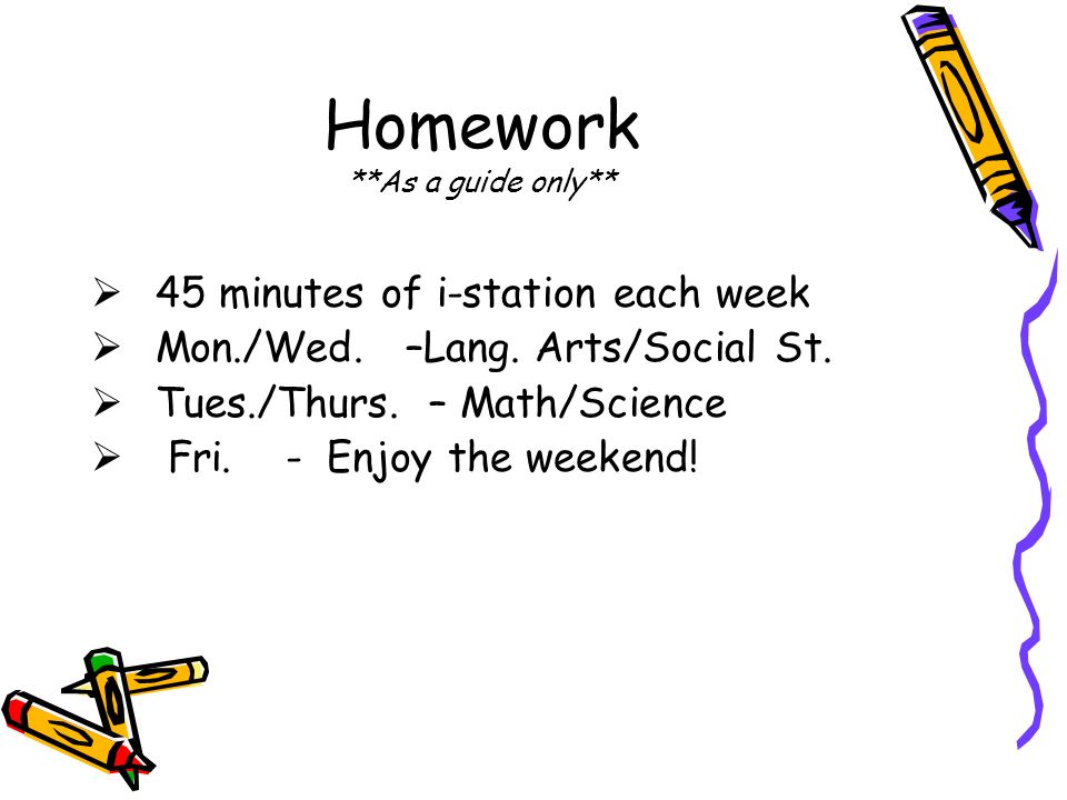 Homework **As a guide only**  45 minutes of i-station each week  Mon./Wed.