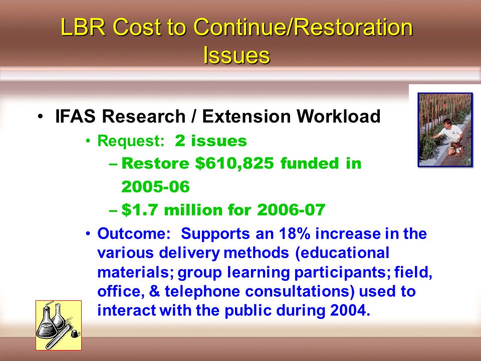 IFAS Research / Extension Workload Request: 2 issues –Restore $610,825 funded in –$1.7 million for Outcome: Supports an 18% increase in the various delivery methods (educational materials; group learning participants; field, office, & telephone consultations) used to interact with the public during 2004.