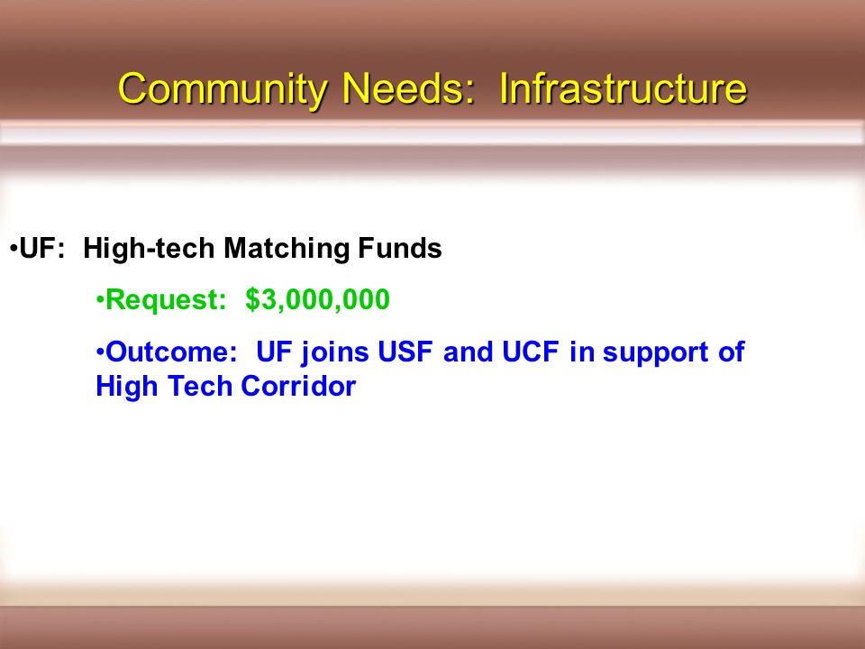 UF: High-tech Matching Funds Request: $3,000,000 Outcome: UF joins USF and UCF in support of High Tech Corridor Community Needs: Infrastructure