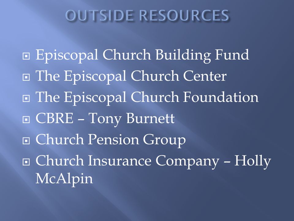  Episcopal Church Building Fund  The Episcopal Church Center  The Episcopal Church Foundation  CBRE – Tony Burnett  Church Pension Group  Church Insurance Company – Holly McAlpin