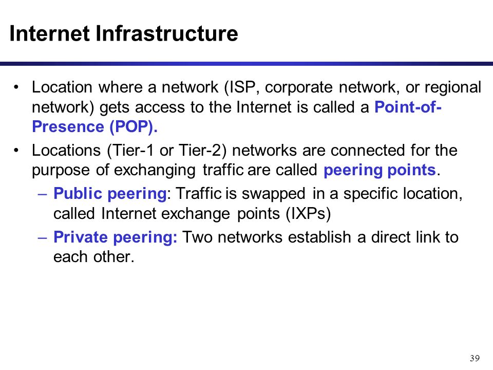 39 Internet Infrastructure Location where a network (ISP, corporate network, or regional network) gets access to the Internet is called a Point-of- Presence (POP).