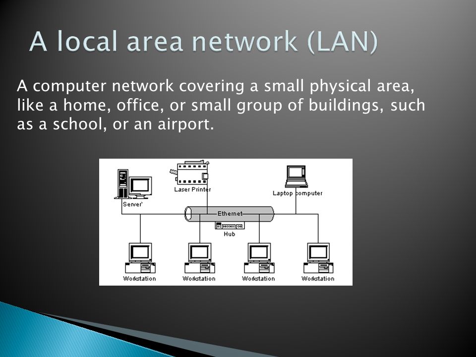 A computer network covering a small physical area, like a home, office, or small group of buildings, such as a school, or an airport.