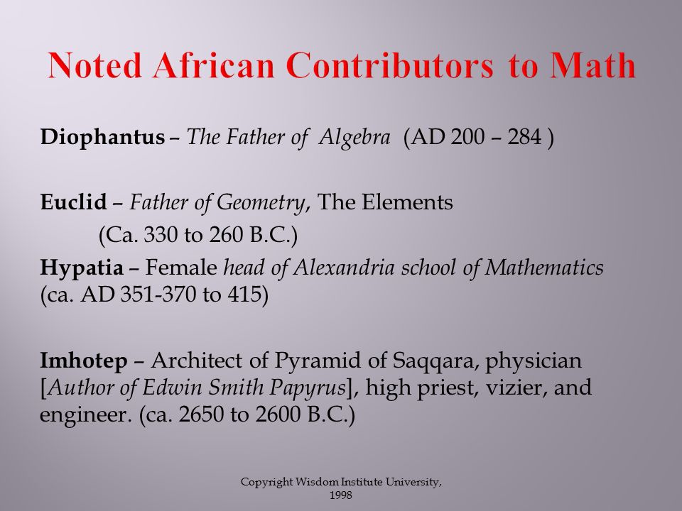 Diophantus – The Father of Algebra (AD 200 – 284 ) Euclid – Father of Geometry, The Elements (Ca.