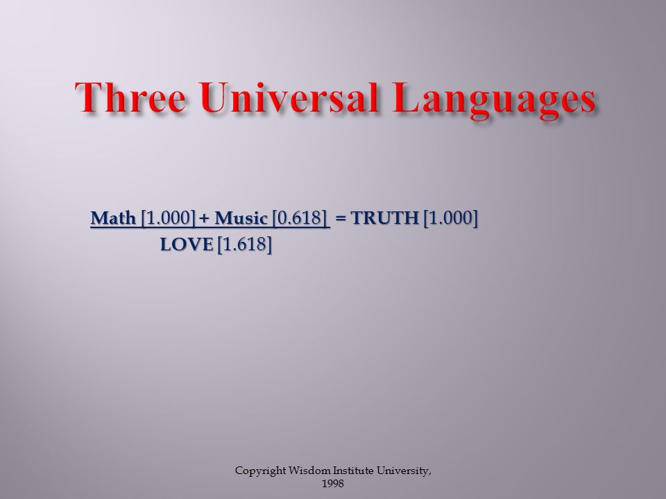 Math [1.000] + Music [0.618] = TRUTH [1.000] LOVE [1.618] LOVE [1.618] Copyright Wisdom Institute University, 1998