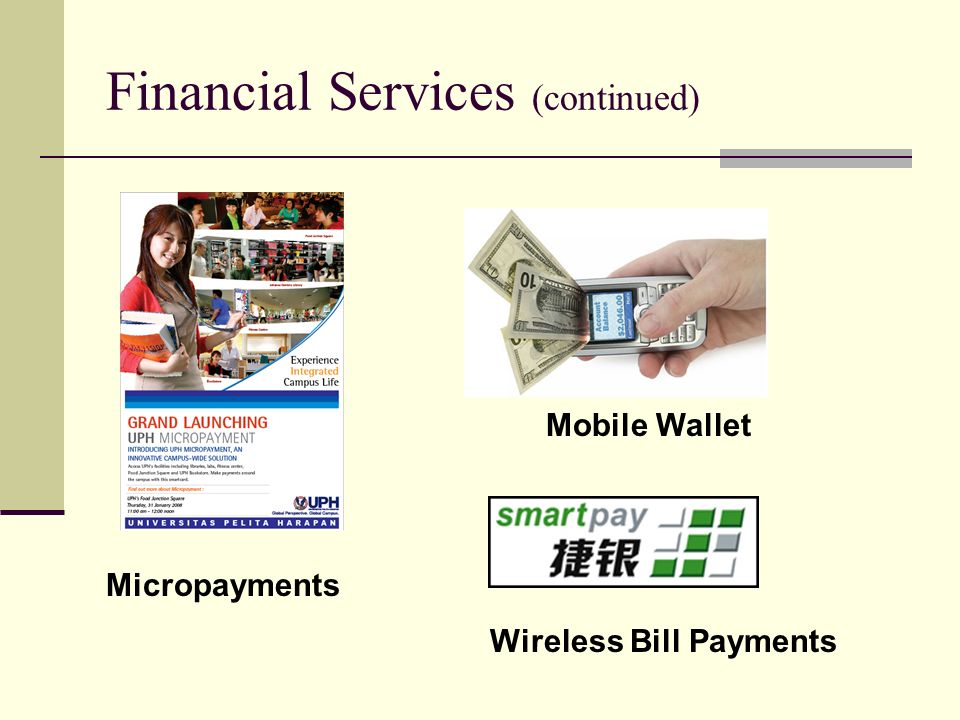 Financial Services (continued) Micropayments Mobile Wallet Wireless Bill Payments