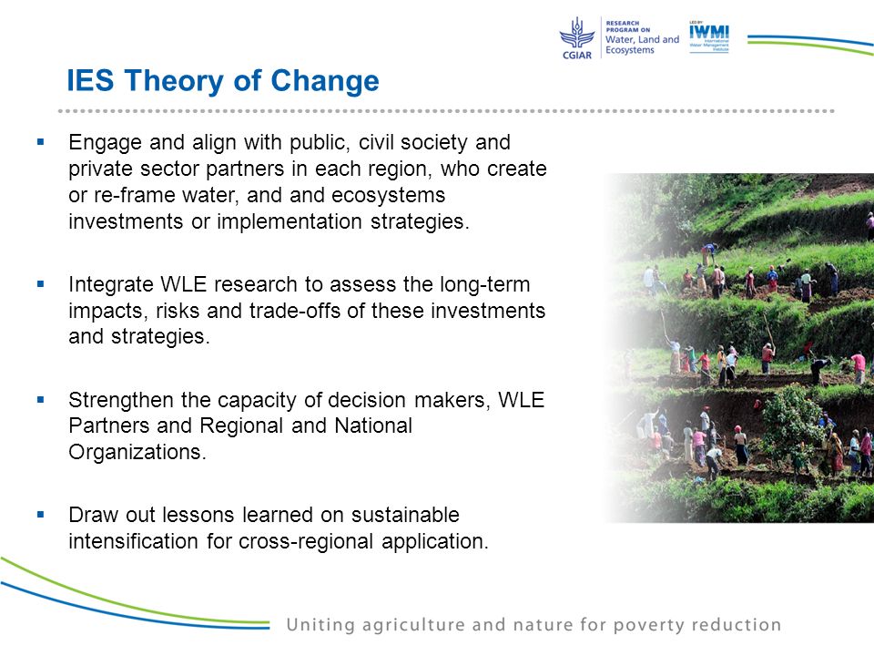 IES Theory of Change  Engage and align with public, civil society and private sector partners in each region, who create or re-frame water, and and ecosystems investments or implementation strategies.