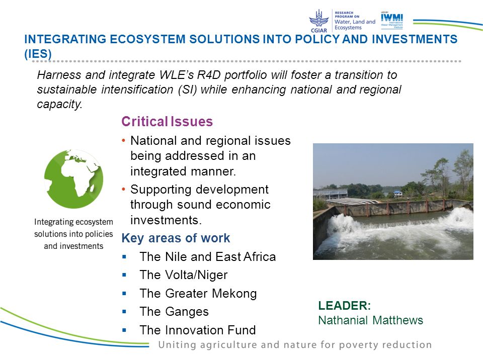 INTEGRATING ECOSYSTEM SOLUTIONS INTO POLICY AND INVESTMENTS (IES) Critical Issues National and regional issues being addressed in an integrated manner.
