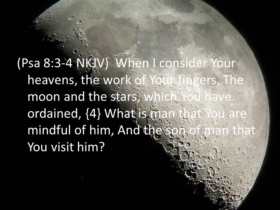 (Psa 8:3-4 NKJV) When I consider Your heavens, the work of Your fingers, The moon and the stars, which You have ordained, {4} What is man that You are mindful of him, And the son of man that You visit him