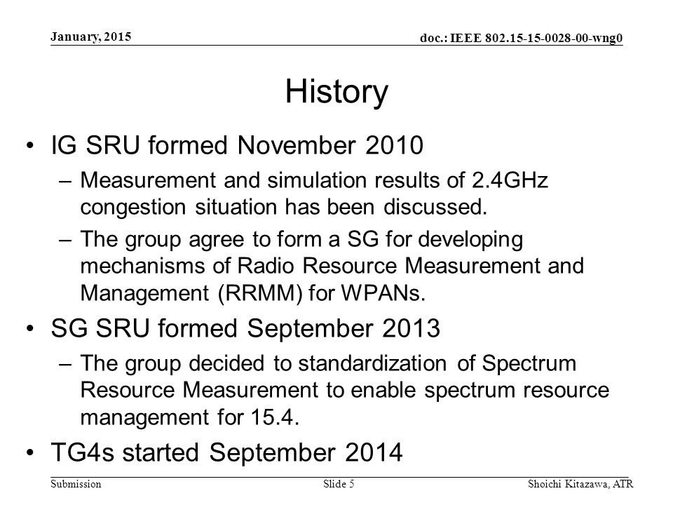 doc.: IEEE wng0 Submission History IG SRU formed November 2010 –Measurement and simulation results of 2.4GHz congestion situation has been discussed.