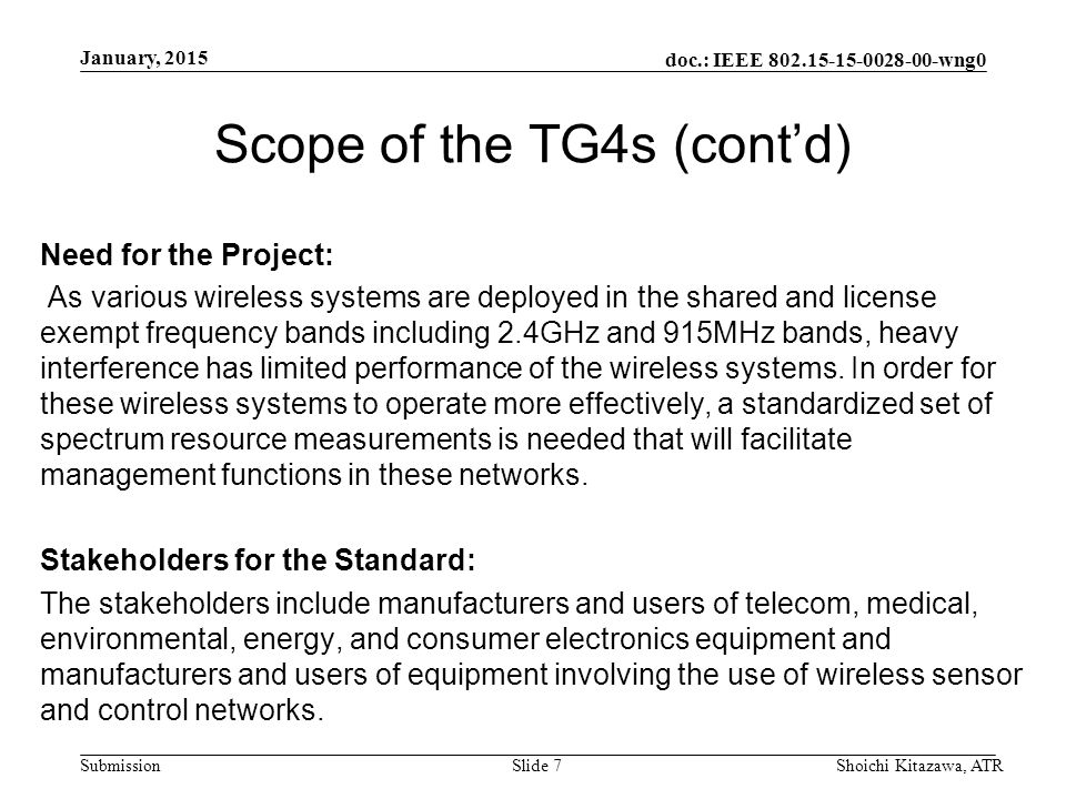 doc.: IEEE wng0 Submission Scope of the TG4s (cont’d) Need for the Project: As various wireless systems are deployed in the shared and license exempt frequency bands including 2.4GHz and 915MHz bands, heavy interference has limited performance of the wireless systems.