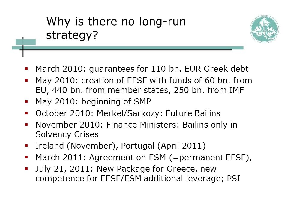Why is there no long-run strategy.  March 2010: guarantees for 110 bn.
