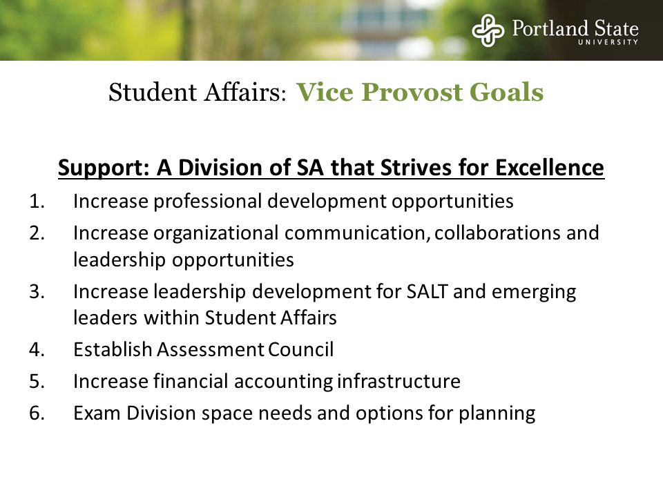 Student Affairs : Vice Provost Goals Support: A Division of SA that Strives for Excellence 1.Increase professional development opportunities 2.Increase organizational communication, collaborations and leadership opportunities 3.Increase leadership development for SALT and emerging leaders within Student Affairs 4.Establish Assessment Council 5.Increase financial accounting infrastructure 6.Exam Division space needs and options for planning