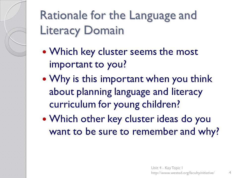 Rationale for the Language and Literacy Domain Which key cluster seems the most important to you.