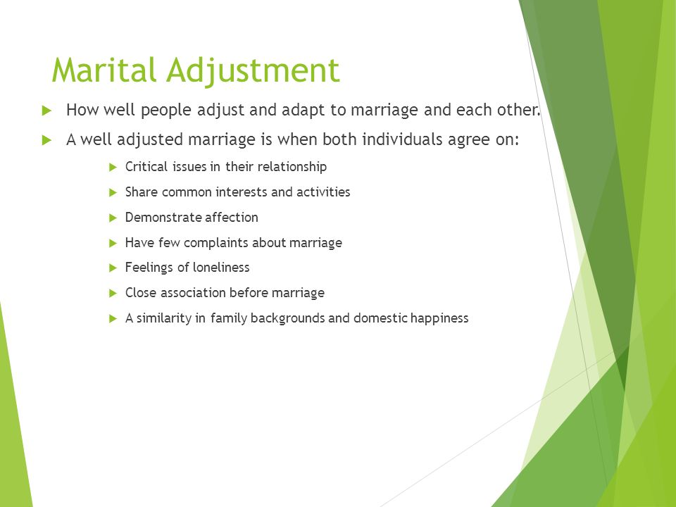 Marital Adjustment  How well people adjust and adapt to marriage and each other.