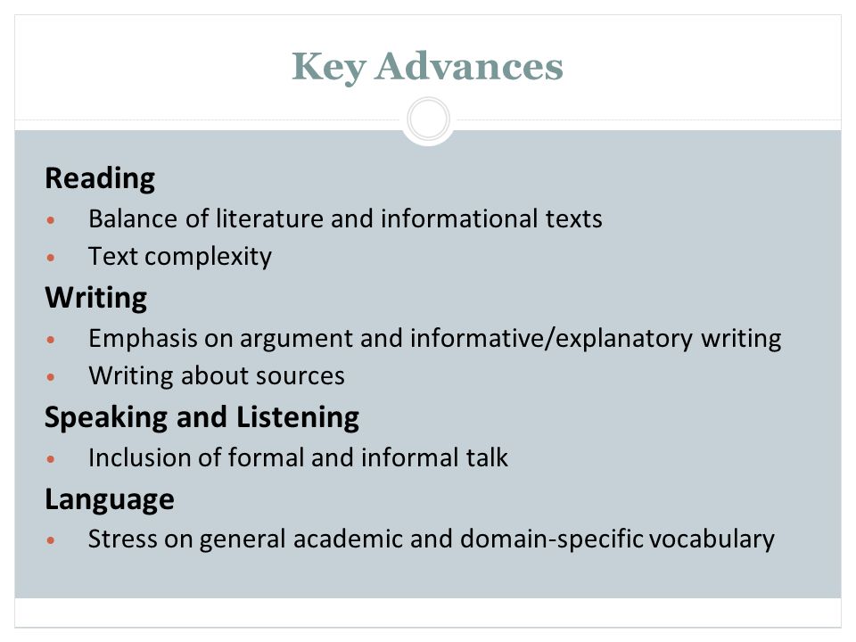 Key Advances Reading Balance of literature and informational texts Text complexity Writing Emphasis on argument and informative/explanatory writing Writing about sources Speaking and Listening Inclusion of formal and informal talk Language Stress on general academic and domain-specific vocabulary