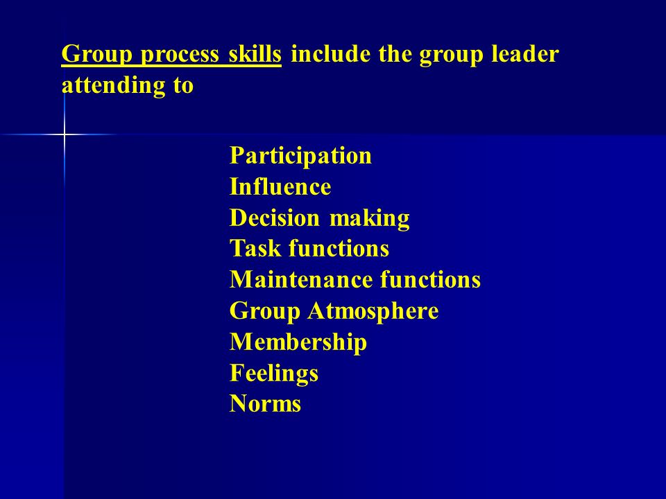 Group process involves the events that occur within group sessions or meetings, with a focus on how participants interact with one another and/or the group work leader.