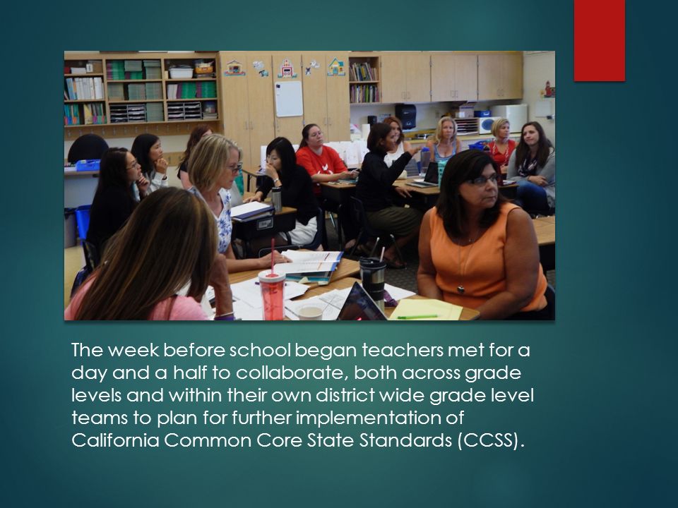 The week before school began teachers met for a day and a half to collaborate, both across grade levels and within their own district wide grade level teams to plan for further implementation of California Common Core State Standards (CCSS).