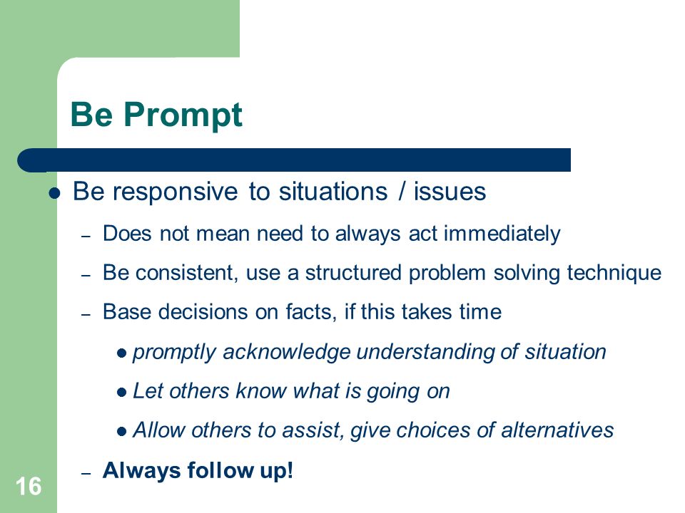 16 Be Prompt Be responsive to situations / issues – Does not mean need to always act immediately – Be consistent, use a structured problem solving technique – Base decisions on facts, if this takes time promptly acknowledge understanding of situation Let others know what is going on Allow others to assist, give choices of alternatives – Always follow up!