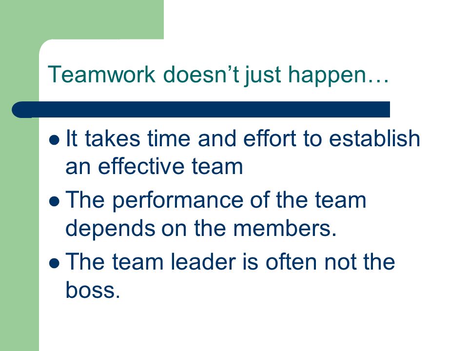 Teamwork doesn’t just happen… It takes time and effort to establish an effective team The performance of the team depends on the members.