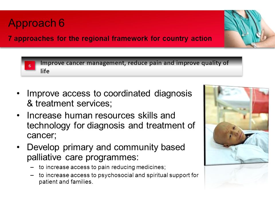 Improve access to coordinated diagnosis & treatment services; Increase human resources skills and technology for diagnosis and treatment of cancer; Develop primary and community based palliative care programmes: –to increase access to pain reducing medicines; –to increase access to psychosocial and spiritual support for patient and families.