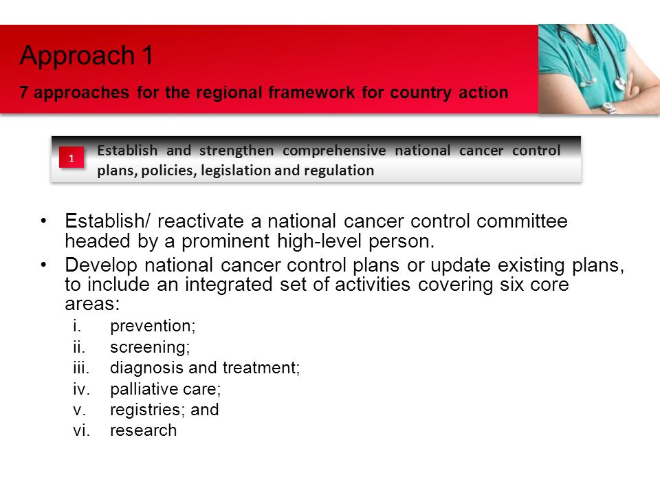 Establish/ reactivate a national cancer control committee headed by a prominent high-level person.