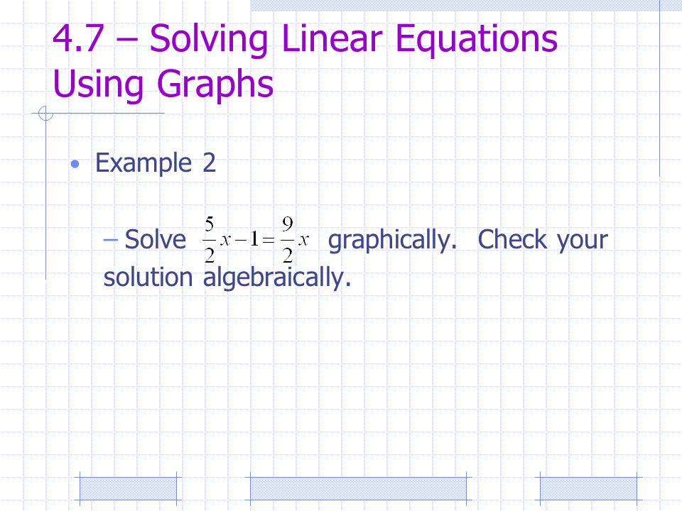 4.7 – Solving Linear Equations Using Graphs Example 2 –Solve graphically.