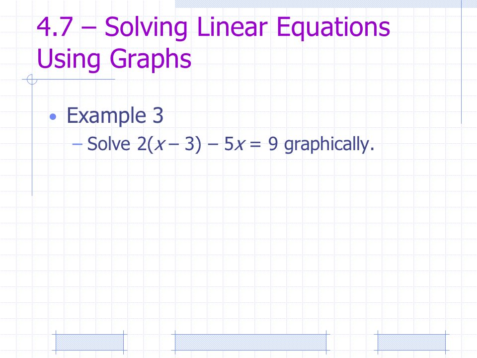 4.7 – Solving Linear Equations Using Graphs Example 3 –Solve 2(x – 3) – 5x = 9 graphically.