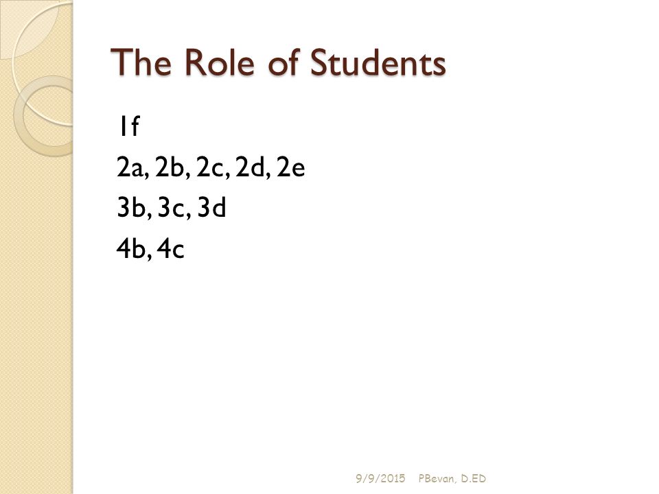The Role of Students 1f 2a, 2b, 2c, 2d, 2e 3b, 3c, 3d 4b, 4c 9/9/2015PBevan, D.ED