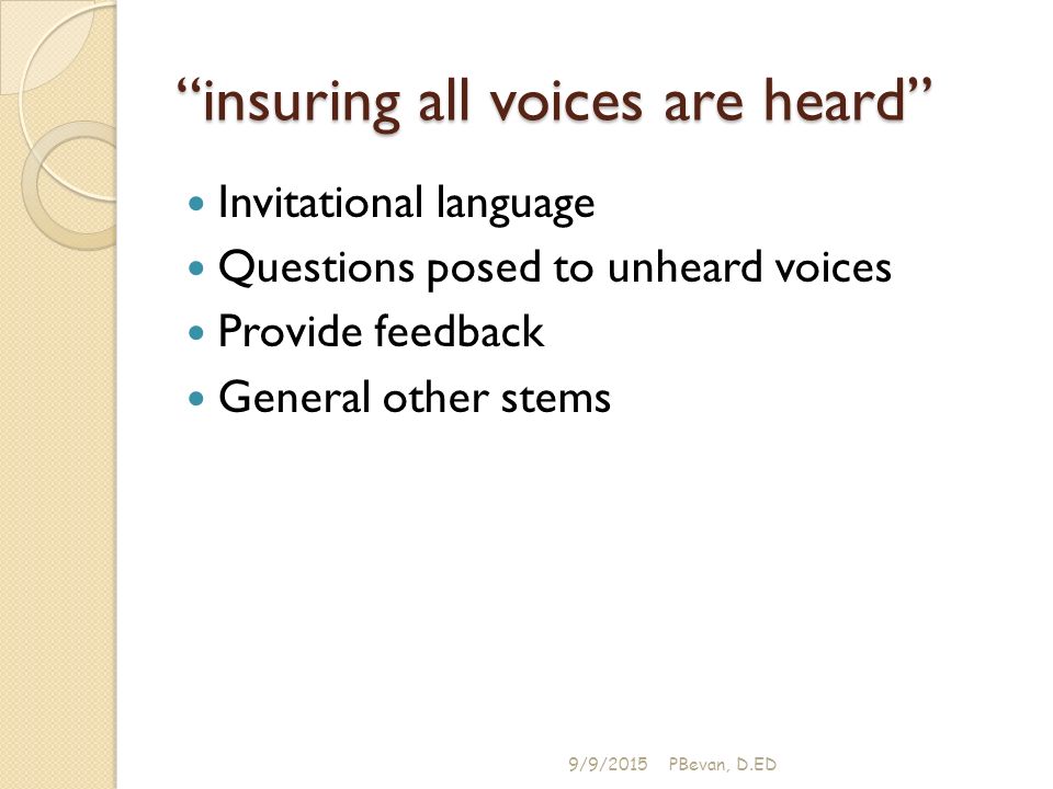 insuring all voices are heard Invitational language Questions posed to unheard voices Provide feedback General other stems 9/9/2015PBevan, D.ED
