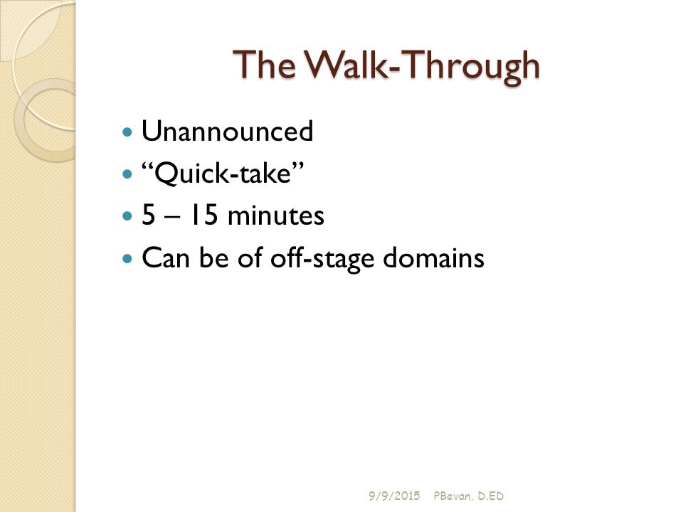 The Walk-Through Unannounced Quick-take 5 – 15 minutes Can be of off-stage domains 9/9/2015PBevan, D.ED