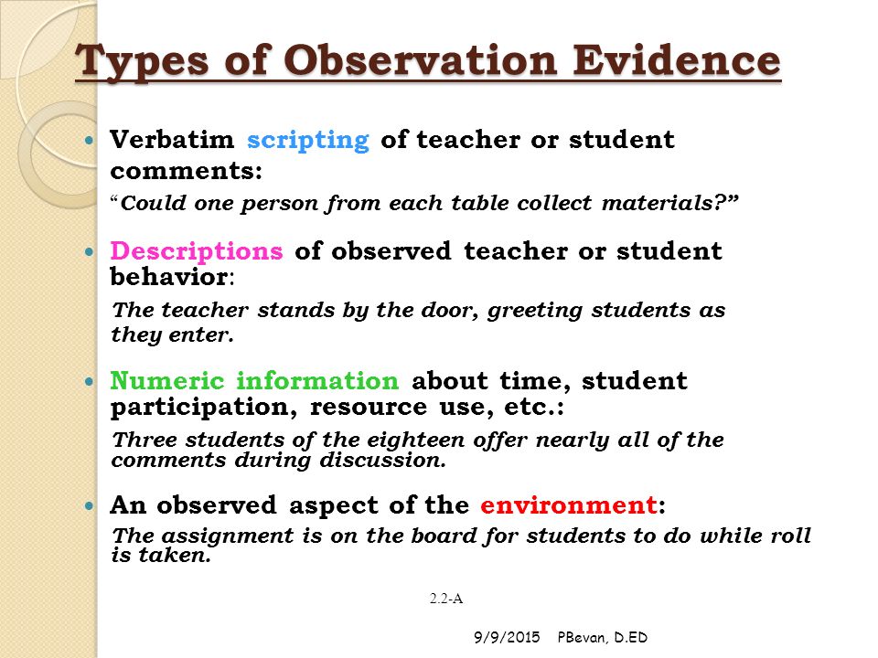 Types of Observation Evidence Verbatim scripting of teacher or student comments: Could one person from each table collect materials Descriptions of observed teacher or student behavior : The teacher stands by the door, greeting students as they enter.