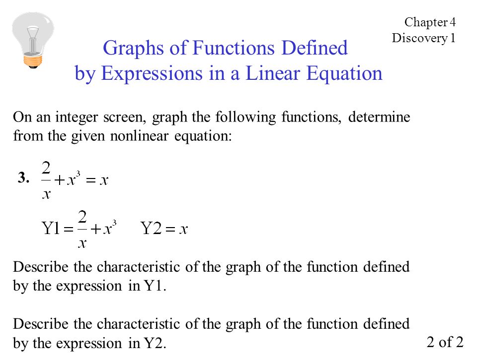 Graphs of Functions Defined by Expressions in a Linear Equation Describe the characteristic of the graph of the function defined by the expression in Y1.