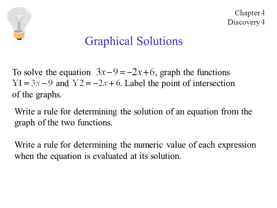 Graphical Solutions To solve the equation, graph the functions and.