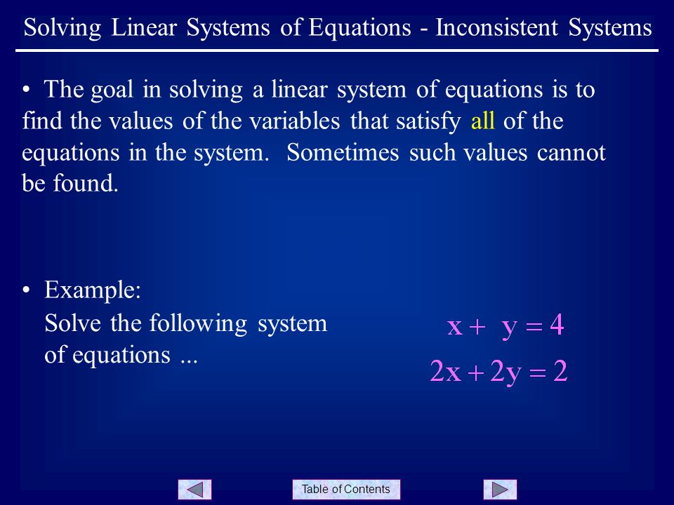Table of Contents The goal in solving a linear system of equations is to find the values of the variables that satisfy all of the equations in the system.