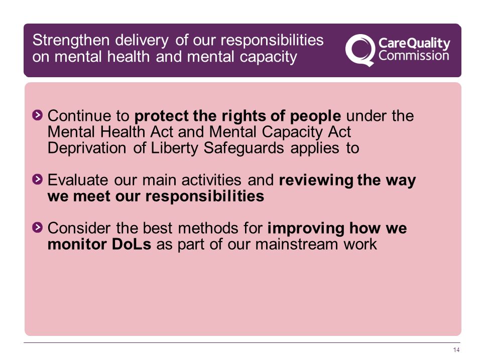 14 Continue to protect the rights of people under the Mental Health Act and Mental Capacity Act Deprivation of Liberty Safeguards applies to Evaluate our main activities and reviewing the way we meet our responsibilities Consider the best methods for improving how we monitor DoLs as part of our mainstream work Strengthen delivery of our responsibilities on mental health and mental capacity