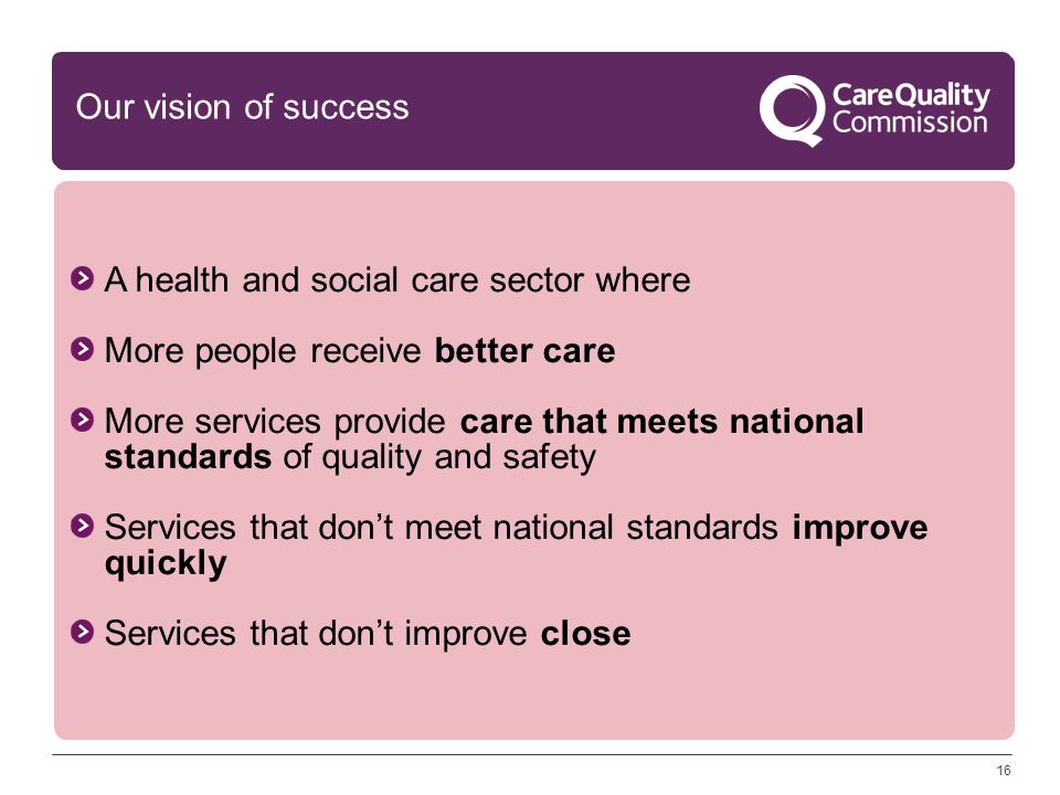 16 A health and social care sector where More people receive better care More services provide care that meets national standards of quality and safety Services that don’t meet national standards improve quickly Services that don’t improve close Our vision of success
