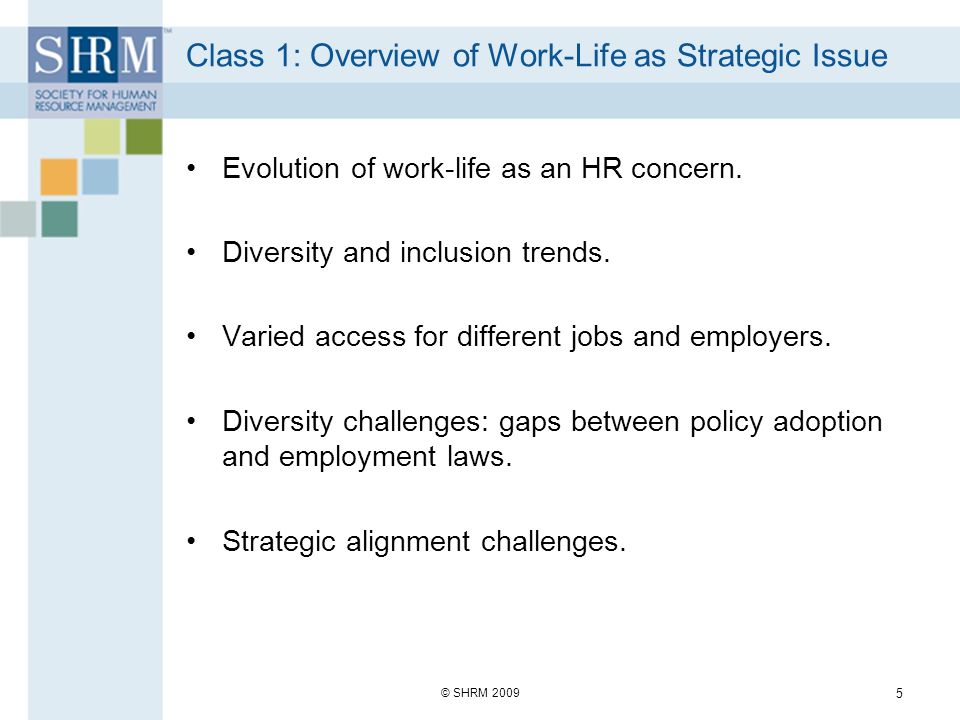 Class 1: Overview of Work-Life as Strategic Issue Evolution of work-life as an HR concern.