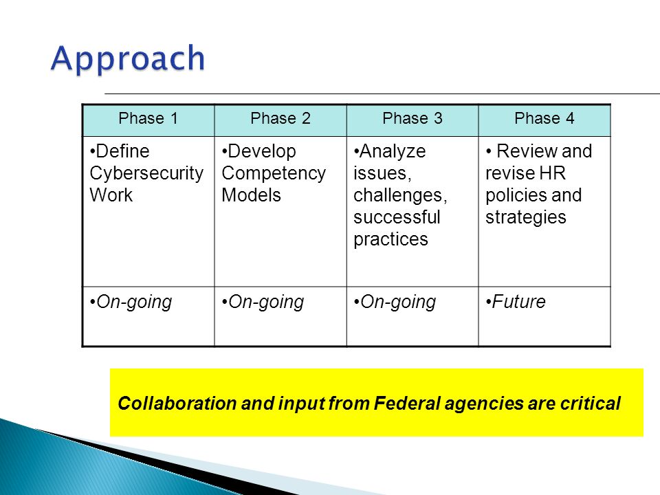 Phase 1Phase 2Phase 3Phase 4 Define Cybersecurity Work Develop Competency Models Analyze issues, challenges, successful practices Review and revise HR policies and strategies On-going Future Collaboration and input from Federal agencies are critical
