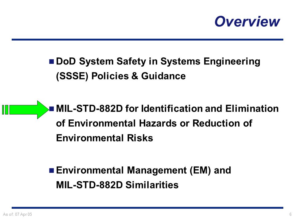As of: 07 Apr 056 Overview DoD System Safety in Systems Engineering (SSSE) Policies & Guidance MIL-STD-882D for Identification and Elimination of Environmental Hazards or Reduction of Environmental Risks Environmental Management (EM) and MIL-STD-882D Similarities