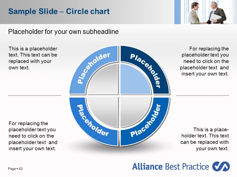 Page  63 Sample Slide  Circle chart For replacing the placeholder text you need to click on the placeholder text and insert your own text.