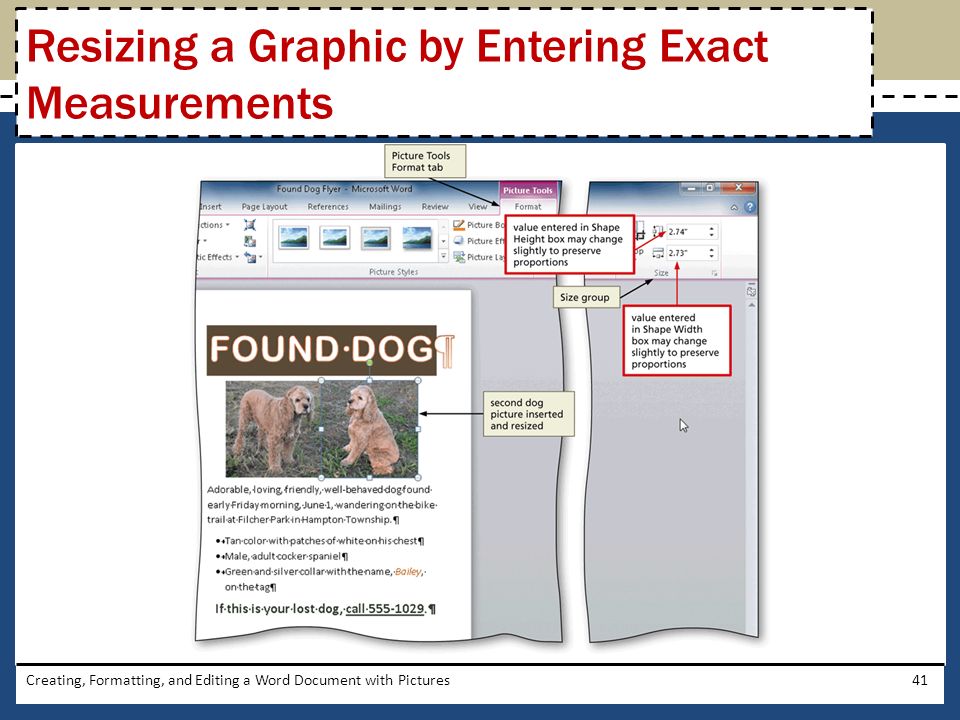 Creating, Formatting, and Editing a Word Document with Pictures41 Resizing a Graphic by Entering Exact Measurements