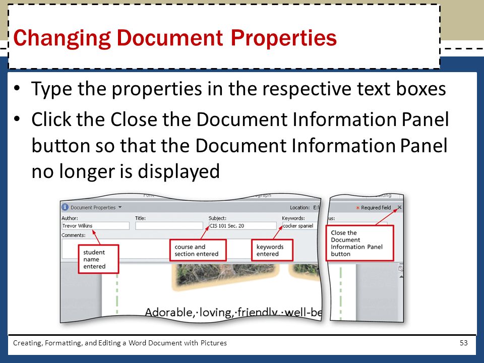 Type the properties in the respective text boxes Click the Close the Document Information Panel button so that the Document Information Panel no longer is displayed Creating, Formatting, and Editing a Word Document with Pictures53 Changing Document Properties