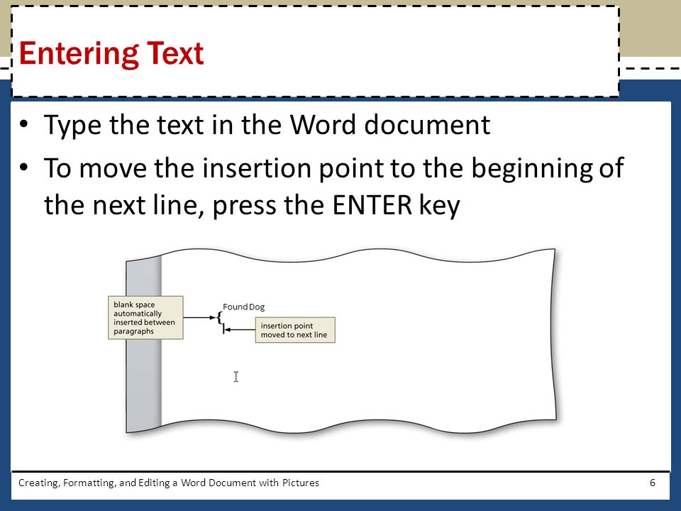 Type the text in the Word document To move the insertion point to the beginning of the next line, press the ENTER key Creating, Formatting, and Editing a Word Document with Pictures6 Entering Text