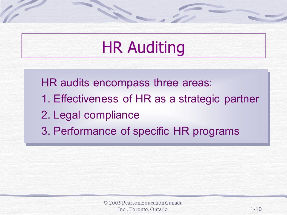 © 2005 Pearson Education Canada Inc., Toronto, Ontario1-10 HR Auditing HR audits encompass three areas: 1.