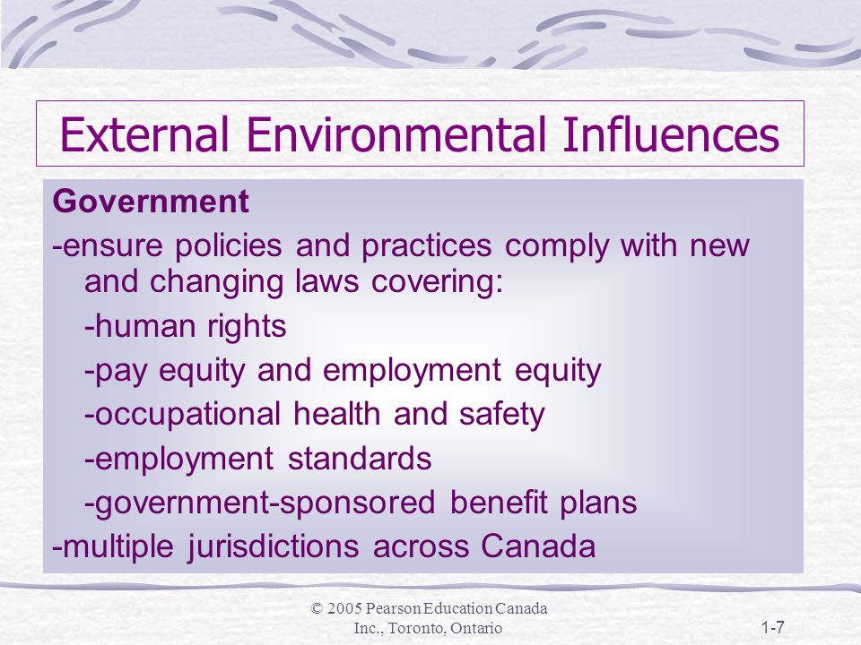 © 2005 Pearson Education Canada Inc., Toronto, Ontario1-7 External Environmental Influences Government -ensure policies and practices comply with new and changing laws covering: -human rights -pay equity and employment equity -occupational health and safety -employment standards -government-sponsored benefit plans -multiple jurisdictions across Canada