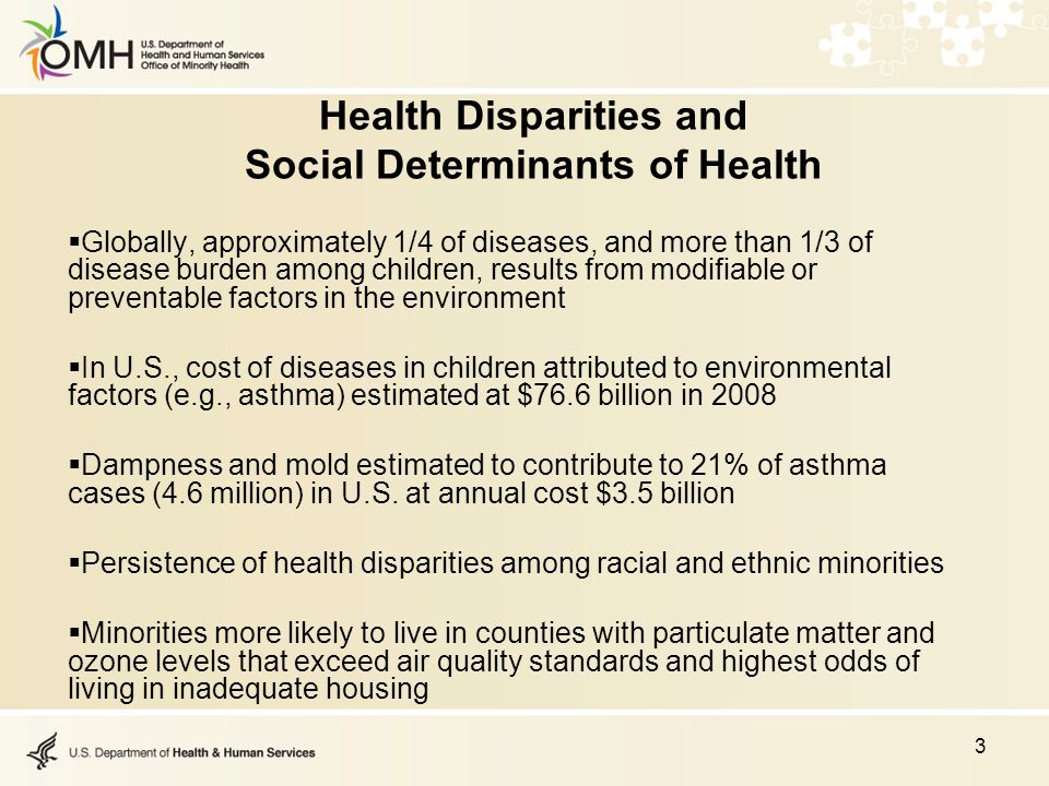  Globally, approximately 1/4 of diseases, and more than 1/3 of disease burden among children, results from modifiable or preventable factors in the environment  In U.S., cost of diseases in children attributed to environmental factors (e.g., asthma) estimated at $76.6 billion in 2008  Dampness and mold estimated to contribute to 21% of asthma cases (4.6 million) in U.S.